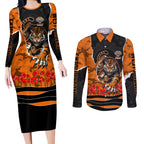 Personalized Wests Tigers ANZAC Tribute Couples Matching Long Sleeve Bodycon Dress and Long Sleeve Button Shirt Poppy Field Soldier Silhouette Aboriginal Rugby Mascot