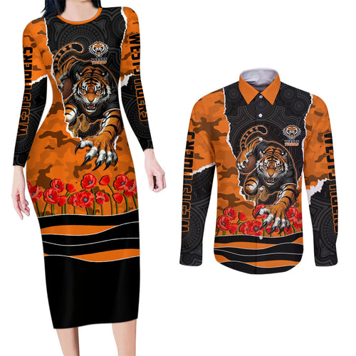 Personalized Wests Tigers ANZAC Tribute Couples Matching Long Sleeve Bodycon Dress and Long Sleeve Button Shirt Poppy Field Soldier Silhouette Aboriginal Rugby Mascot