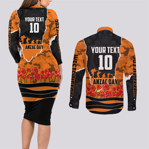 Personalized Wests Tigers ANZAC Tribute Couples Matching Long Sleeve Bodycon Dress and Long Sleeve Button Shirt Poppy Field Soldier Silhouette Aboriginal Rugby Mascot
