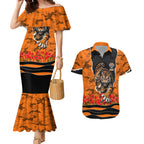 Personalized Wests Tigers ANZAC Tribute Couples Matching Mermaid Dress and Hawaiian Shirt Poppy Field Soldier Silhouette Aboriginal Rugby Mascot