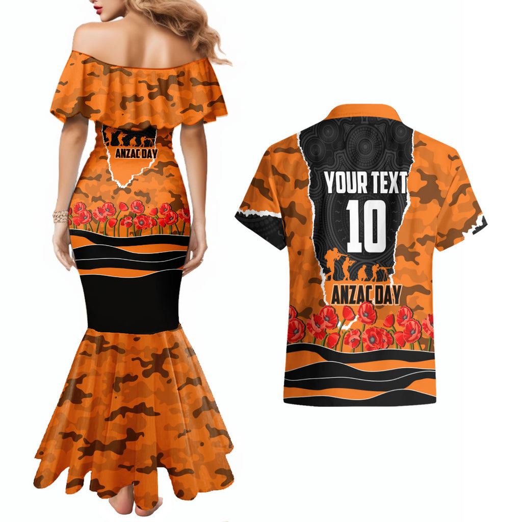 Personalized Wests Tigers ANZAC Tribute Couples Matching Mermaid Dress and Hawaiian Shirt Poppy Field Soldier Silhouette Aboriginal Rugby Mascot