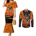 Personalized Wests Tigers ANZAC Tribute Couples Matching Mermaid Dress and Long Sleeve Button Shirt Poppy Field Soldier Silhouette Aboriginal Rugby Mascot