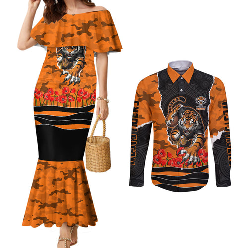 Personalized Wests Tigers ANZAC Tribute Couples Matching Mermaid Dress and Long Sleeve Button Shirt Poppy Field Soldier Silhouette Aboriginal Rugby Mascot