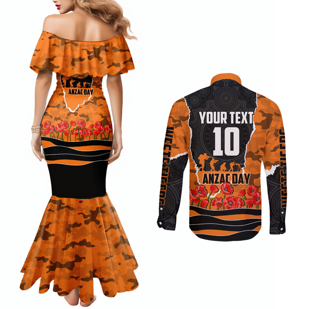 Personalized Wests Tigers ANZAC Tribute Couples Matching Mermaid Dress and Long Sleeve Button Shirt Poppy Field Soldier Silhouette Aboriginal Rugby Mascot