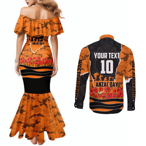 Personalized Wests Tigers ANZAC Tribute Couples Matching Mermaid Dress and Long Sleeve Button Shirt Poppy Field Soldier Silhouette Aboriginal Rugby Mascot