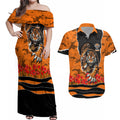 Personalized Wests Tigers ANZAC Tribute Couples Matching Off Shoulder Maxi Dress and Hawaiian Shirt Poppy Field Soldier Silhouette Aboriginal Rugby Mascot