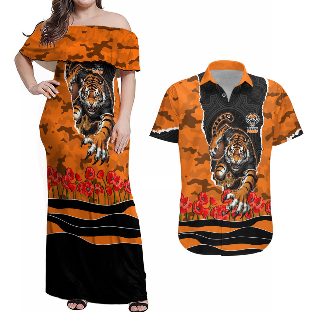 Personalized Wests Tigers ANZAC Tribute Couples Matching Off Shoulder Maxi Dress and Hawaiian Shirt Poppy Field Soldier Silhouette Aboriginal Rugby Mascot