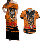 Personalized Wests Tigers ANZAC Tribute Couples Matching Off Shoulder Maxi Dress and Hawaiian Shirt Poppy Field Soldier Silhouette Aboriginal Rugby Mascot