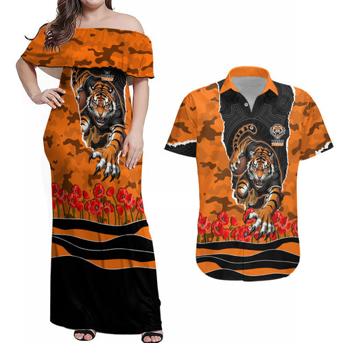 Personalized Wests Tigers ANZAC Tribute Couples Matching Off Shoulder Maxi Dress and Hawaiian Shirt Poppy Field Soldier Silhouette Aboriginal Rugby Mascot