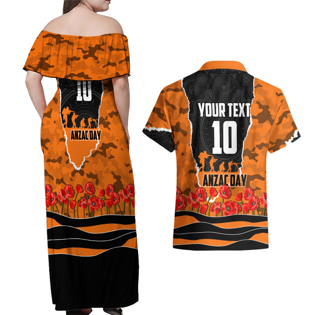Personalized Wests Tigers ANZAC Tribute Couples Matching Off Shoulder Maxi Dress and Hawaiian Shirt Poppy Field Soldier Silhouette Aboriginal Rugby Mascot