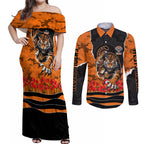 Personalized Wests Tigers ANZAC Tribute Couples Matching Off Shoulder Maxi Dress and Long Sleeve Button Shirt Poppy Field Soldier Silhouette Aboriginal Rugby Mascot