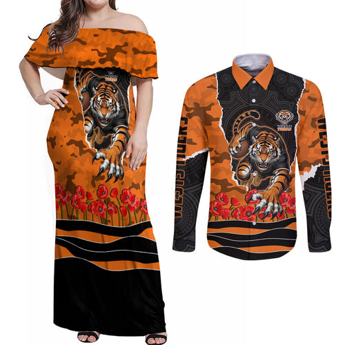 Personalized Wests Tigers ANZAC Tribute Couples Matching Off Shoulder Maxi Dress and Long Sleeve Button Shirt Poppy Field Soldier Silhouette Aboriginal Rugby Mascot