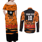 Personalized Wests Tigers ANZAC Tribute Couples Matching Off Shoulder Maxi Dress and Long Sleeve Button Shirt Poppy Field Soldier Silhouette Aboriginal Rugby Mascot