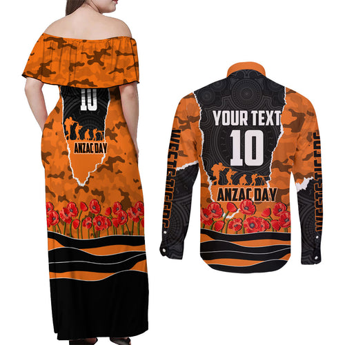 Personalized Wests Tigers ANZAC Tribute Couples Matching Off Shoulder Maxi Dress and Long Sleeve Button Shirt Poppy Field Soldier Silhouette Aboriginal Rugby Mascot