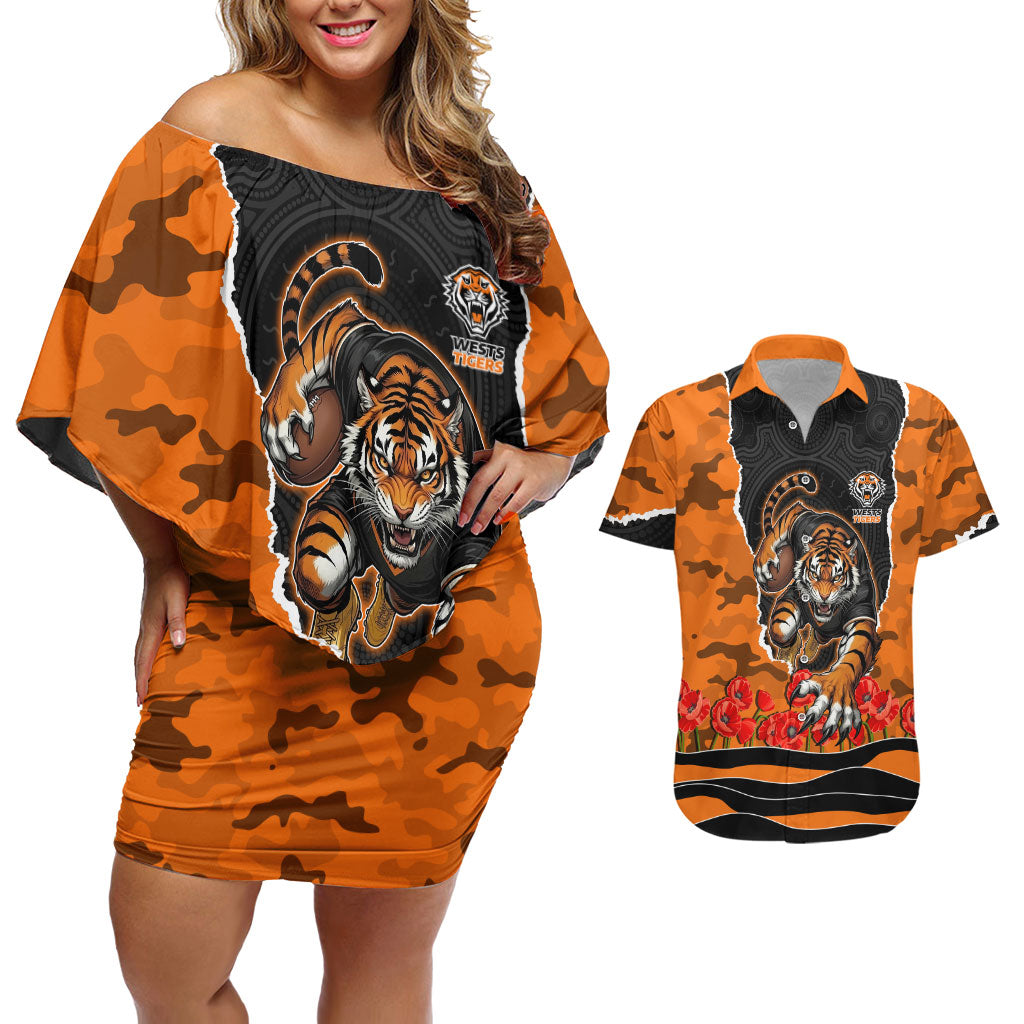 Personalized Wests Tigers ANZAC Tribute Couples Matching Off Shoulder Short Dress and Hawaiian Shirt Poppy Field Soldier Silhouette Aboriginal Rugby Mascot