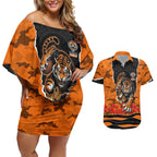 Personalized Wests Tigers ANZAC Tribute Couples Matching Off Shoulder Short Dress and Hawaiian Shirt Poppy Field Soldier Silhouette Aboriginal Rugby Mascot