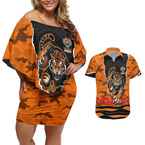 Personalized Wests Tigers ANZAC Tribute Couples Matching Off Shoulder Short Dress and Hawaiian Shirt Poppy Field Soldier Silhouette Aboriginal Rugby Mascot