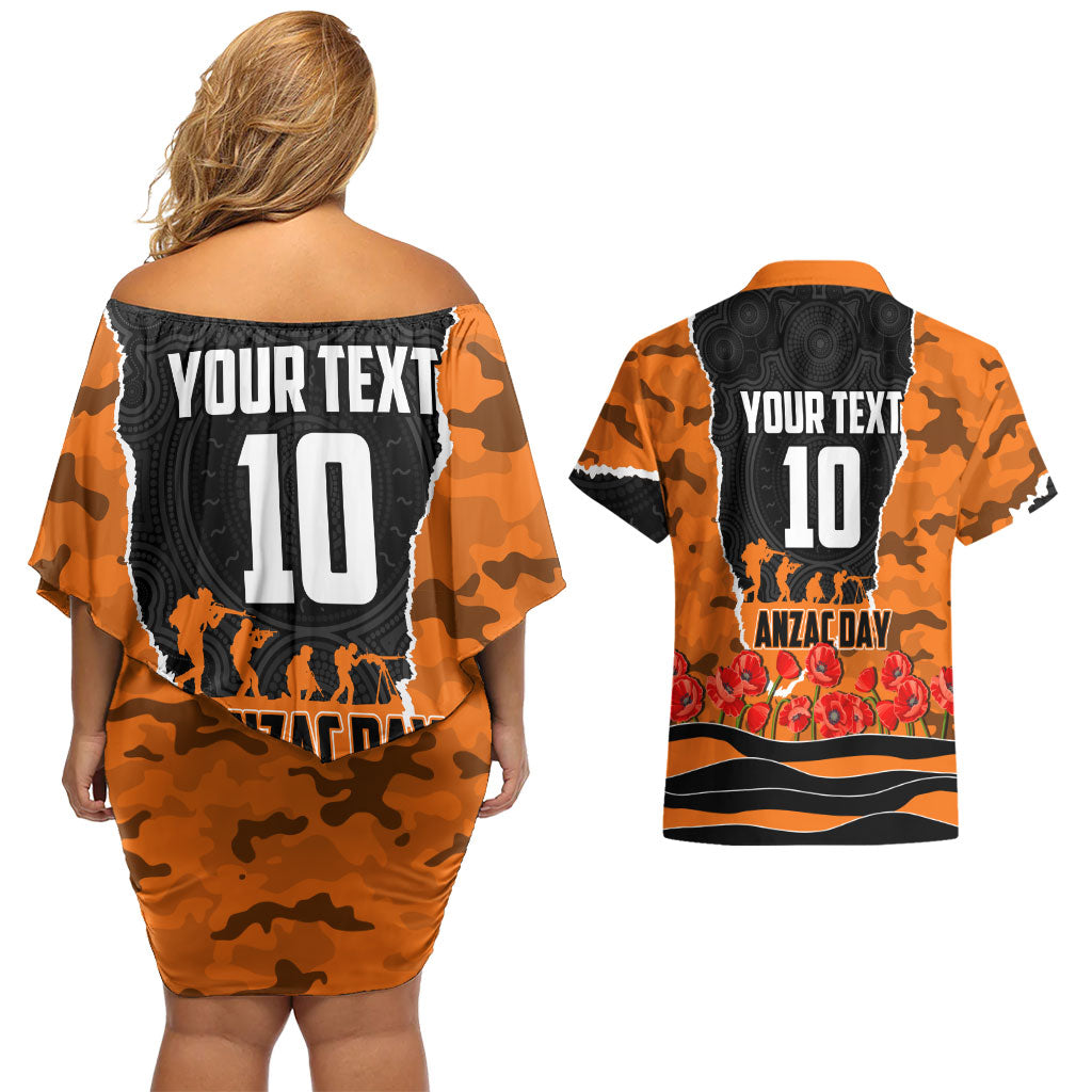Personalized Wests Tigers ANZAC Tribute Couples Matching Off Shoulder Short Dress and Hawaiian Shirt Poppy Field Soldier Silhouette Aboriginal Rugby Mascot