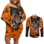Personalized Wests Tigers ANZAC Tribute Couples Matching Off Shoulder Short Dress and Long Sleeve Button Shirt Poppy Field Soldier Silhouette Aboriginal Rugby Mascot