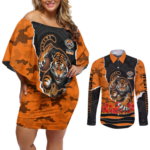 Personalized Wests Tigers ANZAC Tribute Couples Matching Off Shoulder Short Dress and Long Sleeve Button Shirt Poppy Field Soldier Silhouette Aboriginal Rugby Mascot