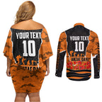 Personalized Wests Tigers ANZAC Tribute Couples Matching Off Shoulder Short Dress and Long Sleeve Button Shirt Poppy Field Soldier Silhouette Aboriginal Rugby Mascot