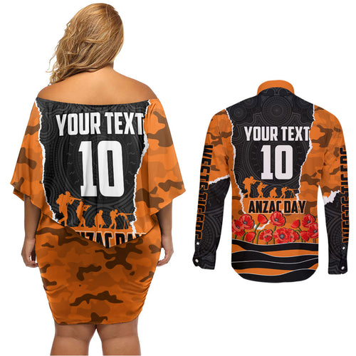 Personalized Wests Tigers ANZAC Tribute Couples Matching Off Shoulder Short Dress and Long Sleeve Button Shirt Poppy Field Soldier Silhouette Aboriginal Rugby Mascot