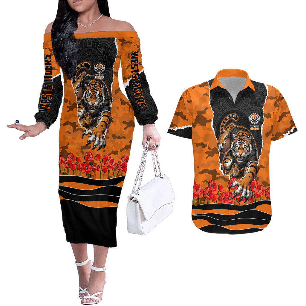 Personalized Wests Tigers ANZAC Tribute Couples Matching Off The Shoulder Long Sleeve Dress and Hawaiian Shirt Poppy Field Soldier Silhouette Aboriginal Rugby Mascot