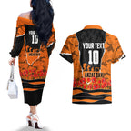 Personalized Wests Tigers ANZAC Tribute Couples Matching Off The Shoulder Long Sleeve Dress and Hawaiian Shirt Poppy Field Soldier Silhouette Aboriginal Rugby Mascot