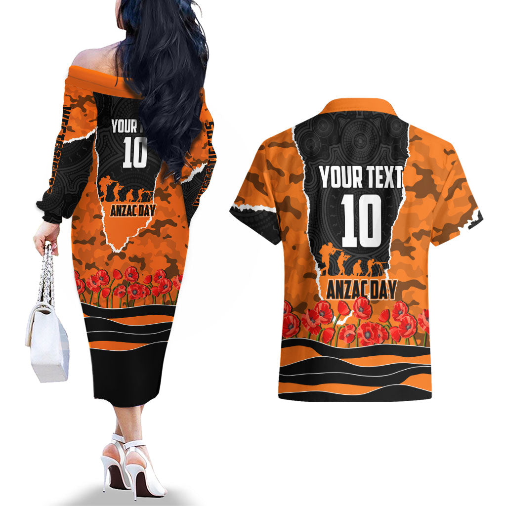 Personalized Wests Tigers ANZAC Tribute Couples Matching Off The Shoulder Long Sleeve Dress and Hawaiian Shirt Poppy Field Soldier Silhouette Aboriginal Rugby Mascot