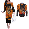 Personalized Wests Tigers ANZAC Tribute Couples Matching Off The Shoulder Long Sleeve Dress and Long Sleeve Button Shirt Poppy Field Soldier Silhouette Aboriginal Rugby Mascot
