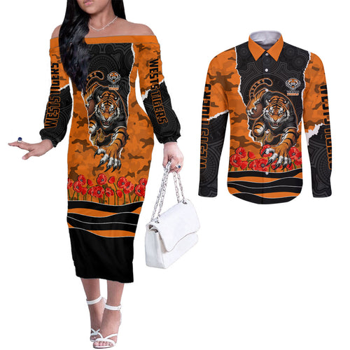 Personalized Wests Tigers ANZAC Tribute Couples Matching Off The Shoulder Long Sleeve Dress and Long Sleeve Button Shirt Poppy Field Soldier Silhouette Aboriginal Rugby Mascot