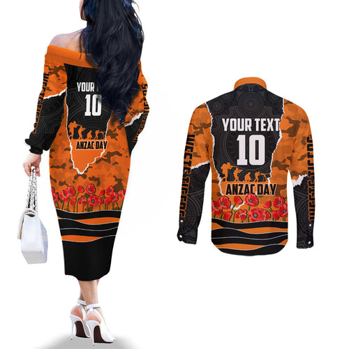 Personalized Wests Tigers ANZAC Tribute Couples Matching Off The Shoulder Long Sleeve Dress and Long Sleeve Button Shirt Poppy Field Soldier Silhouette Aboriginal Rugby Mascot