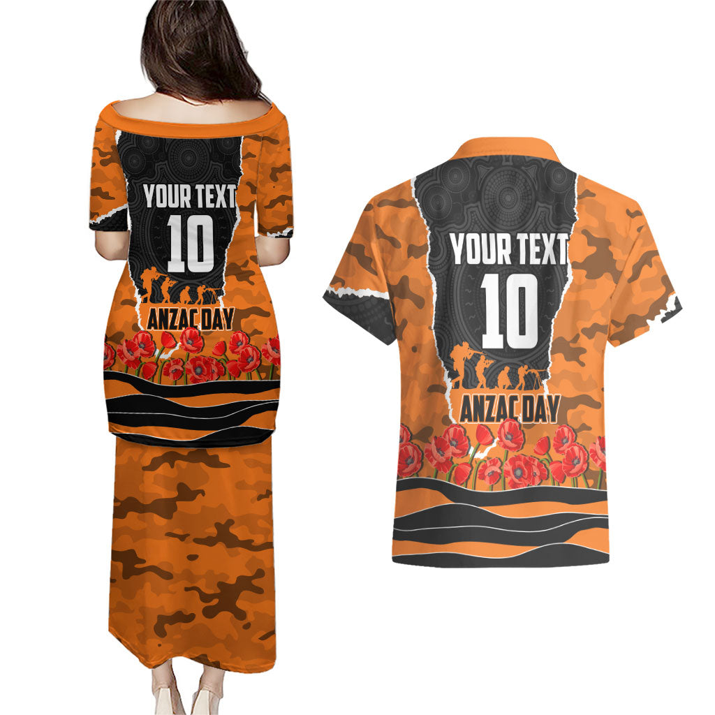 Personalized Wests Tigers ANZAC Tribute Couples Matching Puletasi and Hawaiian Shirt Poppy Field Soldier Silhouette Aboriginal Rugby Mascot