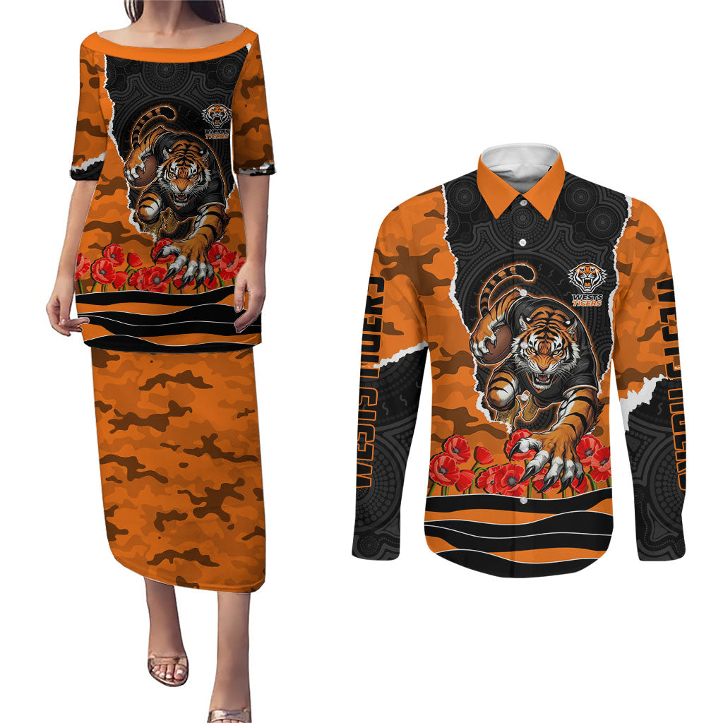 Personalized Wests Tigers ANZAC Tribute Couples Matching Puletasi and Long Sleeve Button Shirt Poppy Field Soldier Silhouette Aboriginal Rugby Mascot