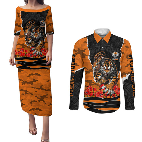 Personalized Wests Tigers ANZAC Tribute Couples Matching Puletasi and Long Sleeve Button Shirt Poppy Field Soldier Silhouette Aboriginal Rugby Mascot