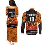 Personalized Wests Tigers ANZAC Tribute Couples Matching Puletasi and Long Sleeve Button Shirt Poppy Field Soldier Silhouette Aboriginal Rugby Mascot