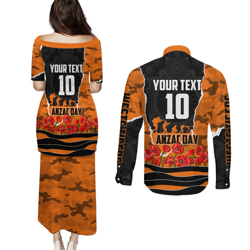 Personalized Wests Tigers ANZAC Tribute Couples Matching Puletasi and Long Sleeve Button Shirt Poppy Field Soldier Silhouette Aboriginal Rugby Mascot