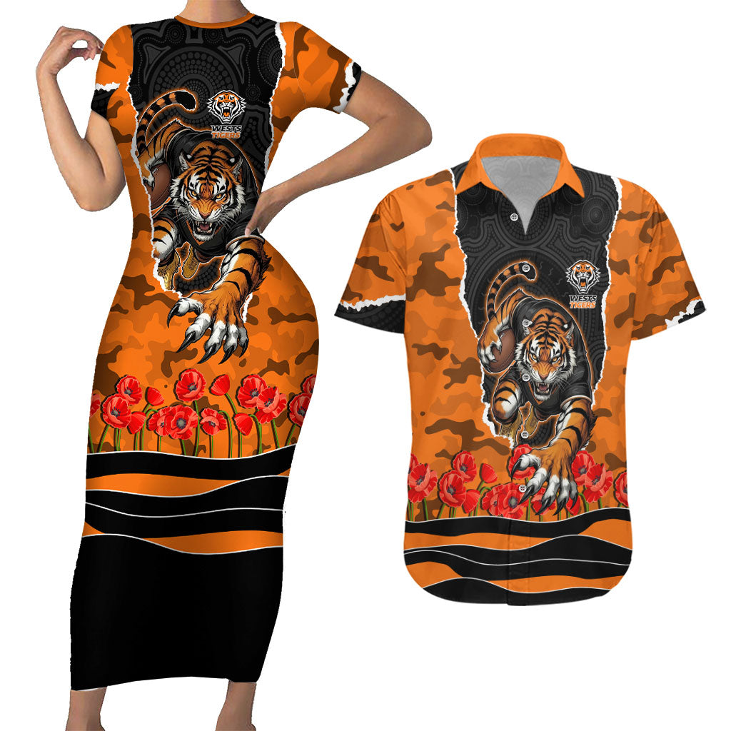 Personalized Wests Tigers ANZAC Tribute Couples Matching Short Sleeve Bodycon Dress and Hawaiian Shirt Poppy Field Soldier Silhouette Aboriginal Rugby Mascot