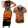 Personalized Wests Tigers ANZAC Tribute Couples Matching Short Sleeve Bodycon Dress and Hawaiian Shirt Poppy Field Soldier Silhouette Aboriginal Rugby Mascot