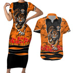 Personalized Wests Tigers ANZAC Tribute Couples Matching Short Sleeve Bodycon Dress and Hawaiian Shirt Poppy Field Soldier Silhouette Aboriginal Rugby Mascot
