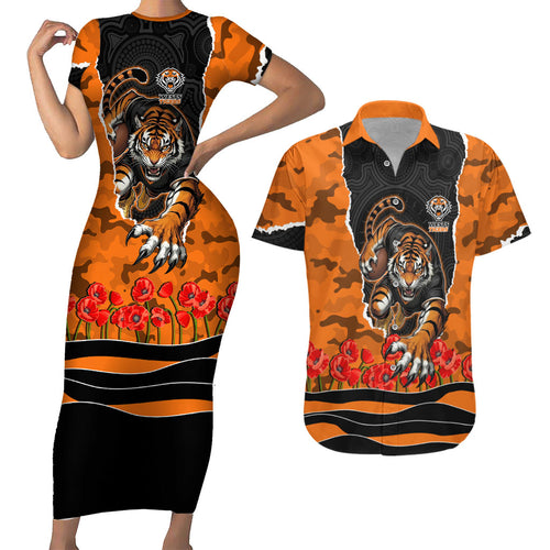 Personalized Wests Tigers ANZAC Tribute Couples Matching Short Sleeve Bodycon Dress and Hawaiian Shirt Poppy Field Soldier Silhouette Aboriginal Rugby Mascot