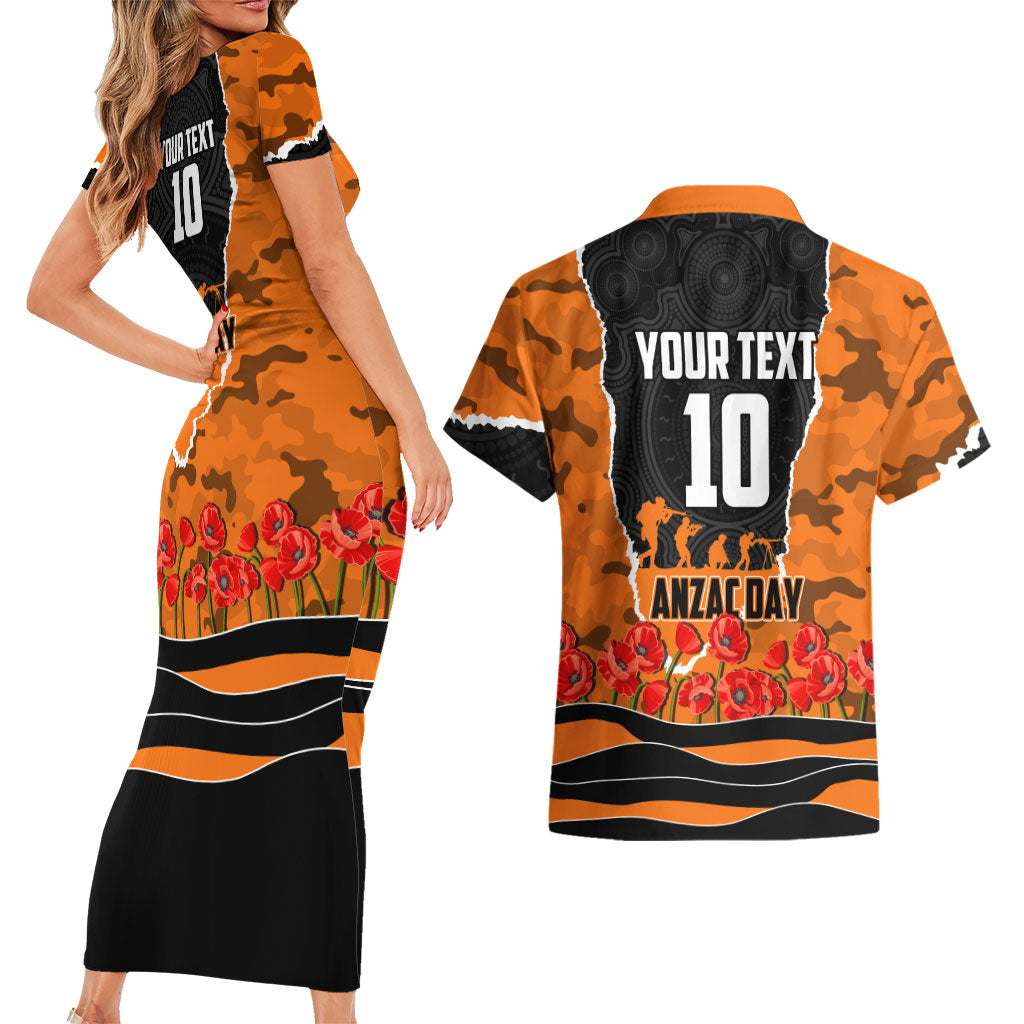 Personalized Wests Tigers ANZAC Tribute Couples Matching Short Sleeve Bodycon Dress and Hawaiian Shirt Poppy Field Soldier Silhouette Aboriginal Rugby Mascot