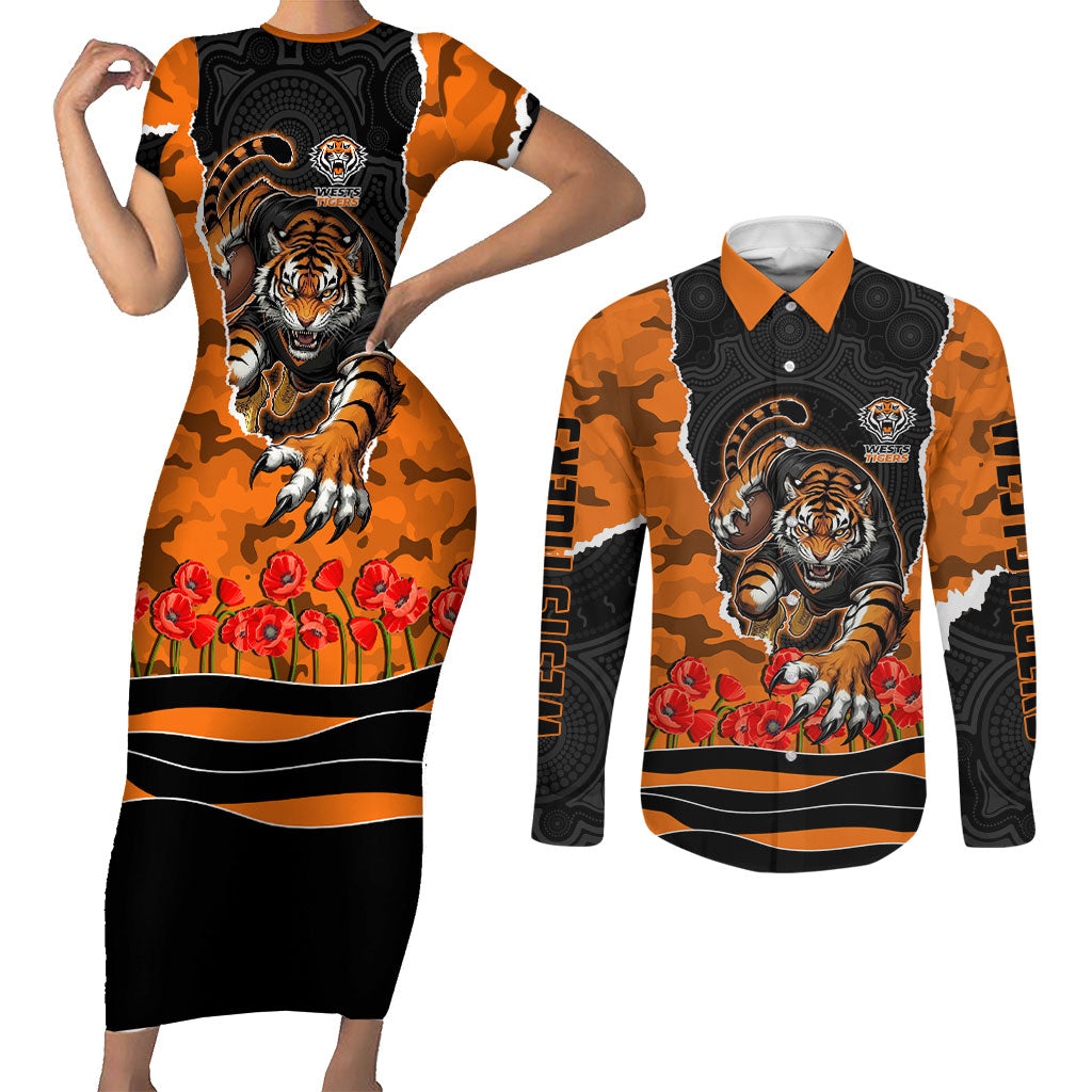 Personalized Wests Tigers ANZAC Tribute Couples Matching Short Sleeve Bodycon Dress and Long Sleeve Button Shirt Poppy Field Soldier Silhouette Aboriginal Rugby Mascot