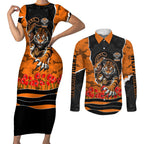 Personalized Wests Tigers ANZAC Tribute Couples Matching Short Sleeve Bodycon Dress and Long Sleeve Button Shirt Poppy Field Soldier Silhouette Aboriginal Rugby Mascot