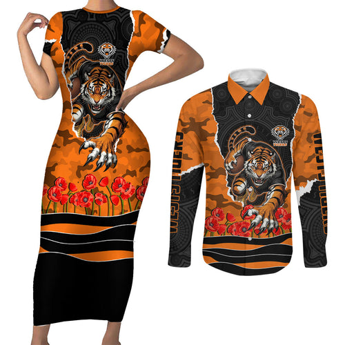 Personalized Wests Tigers ANZAC Tribute Couples Matching Short Sleeve Bodycon Dress and Long Sleeve Button Shirt Poppy Field Soldier Silhouette Aboriginal Rugby Mascot