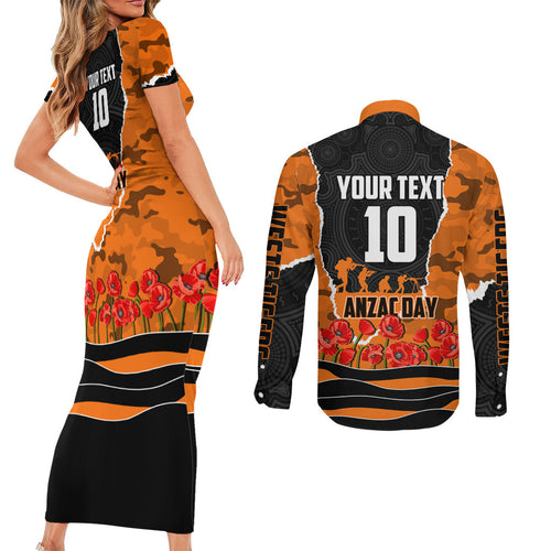 Personalized Wests Tigers ANZAC Tribute Couples Matching Short Sleeve Bodycon Dress and Long Sleeve Button Shirt Poppy Field Soldier Silhouette Aboriginal Rugby Mascot