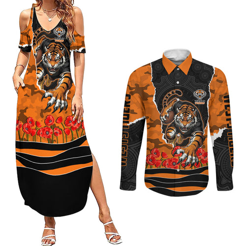 Personalized Wests Tigers ANZAC Tribute Couples Matching Summer Maxi Dress and Long Sleeve Button Shirt Poppy Field Soldier Silhouette Aboriginal Rugby Mascot