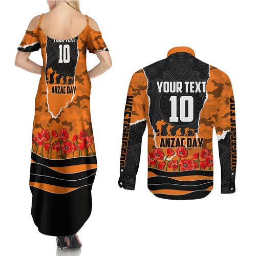 Personalized Wests Tigers ANZAC Tribute Couples Matching Summer Maxi Dress and Long Sleeve Button Shirt Poppy Field Soldier Silhouette Aboriginal Rugby Mascot