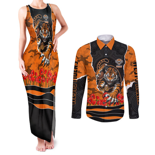 Personalized Wests Tigers ANZAC Tribute Couples Matching Tank Maxi Dress and Long Sleeve Button Shirt Poppy Field Soldier Silhouette Aboriginal Rugby Mascot