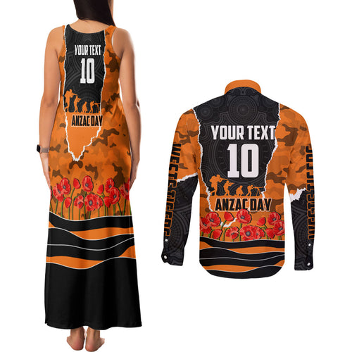 Personalized Wests Tigers ANZAC Tribute Couples Matching Tank Maxi Dress and Long Sleeve Button Shirt Poppy Field Soldier Silhouette Aboriginal Rugby Mascot